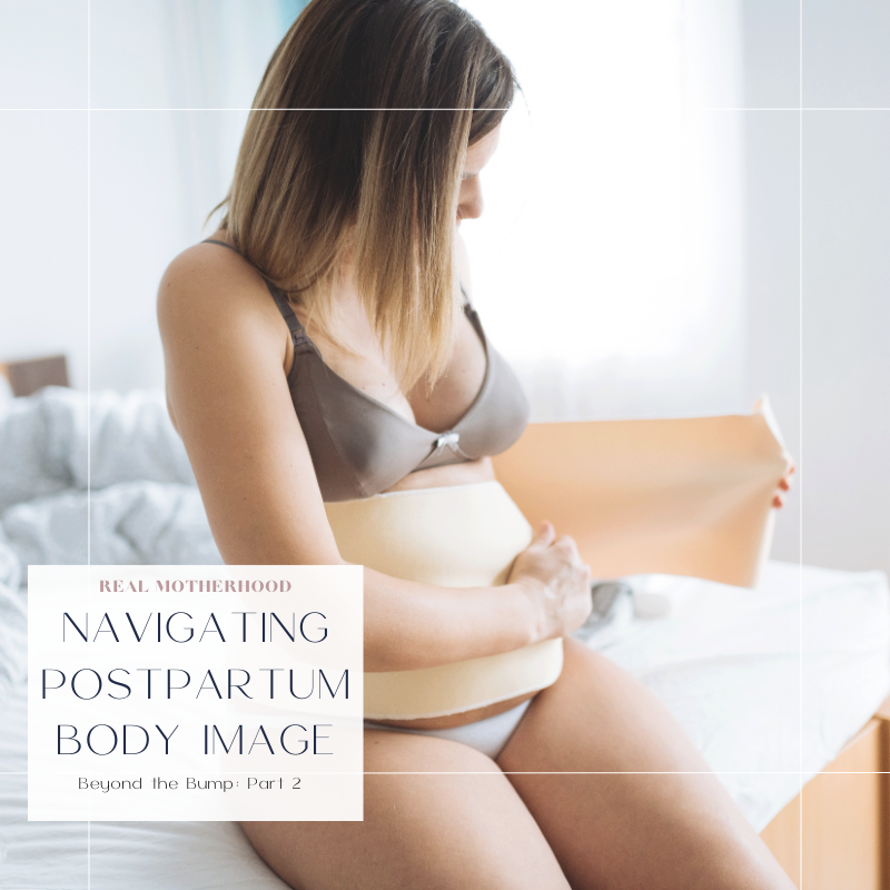 Postpartum mom sitting on bed, putting on belly binder.