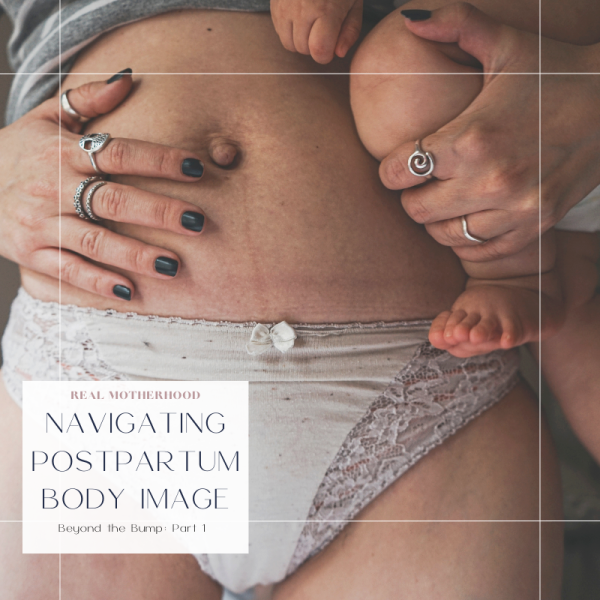 Picture of postpartum body, mother holding baby in one hand with other hand on stomach.